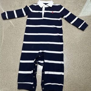 RALPH LAUREN NAVY BLUE WHITE STRIPED INFANT TODDLER COVERALL ROMPER 12 MOS